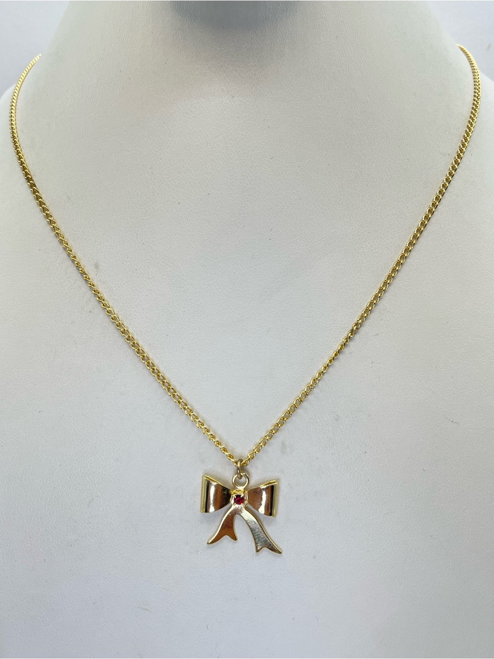 Vintage Gold Tone Bow Pendant Necklace Red Crystal Accent Feminine Coquette
